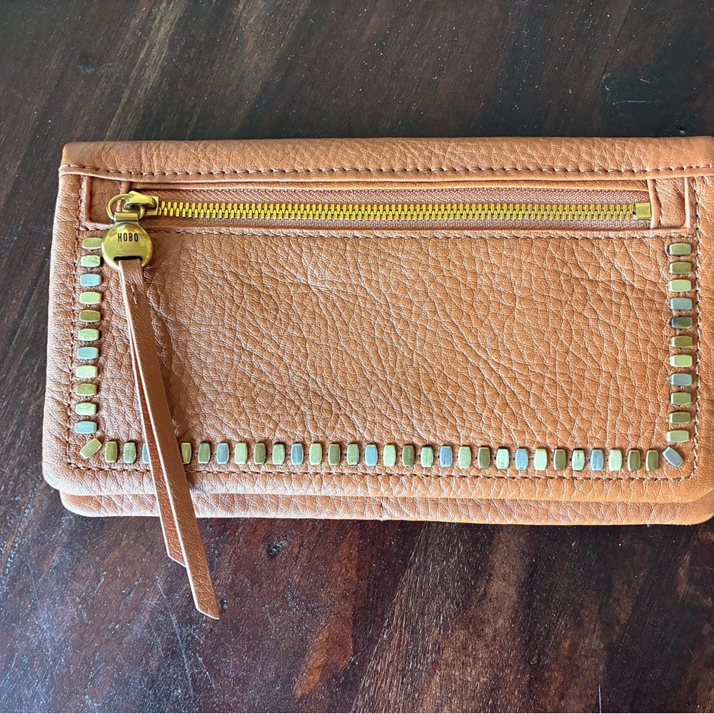 HOBO Cognac Pebbled Leather Wristlet with Gold Stud Trim